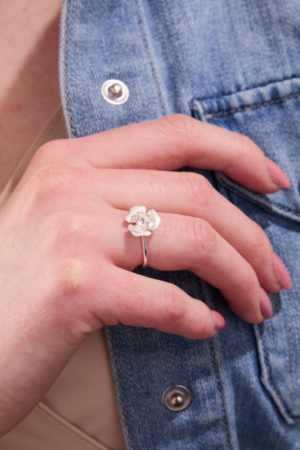 Rosebud silver adjustable ring