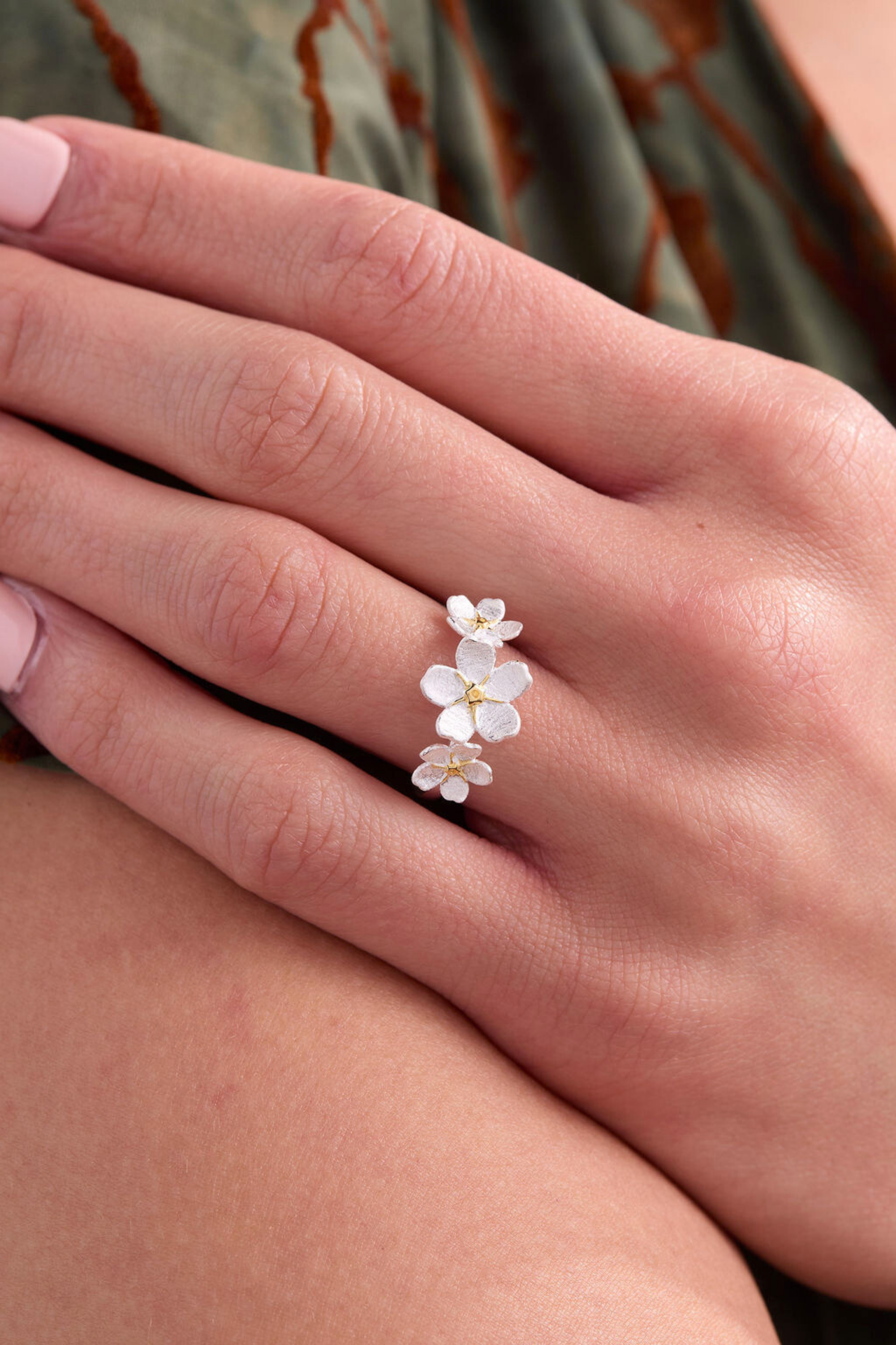 Cherry Blossom Silver Adjustable Ring