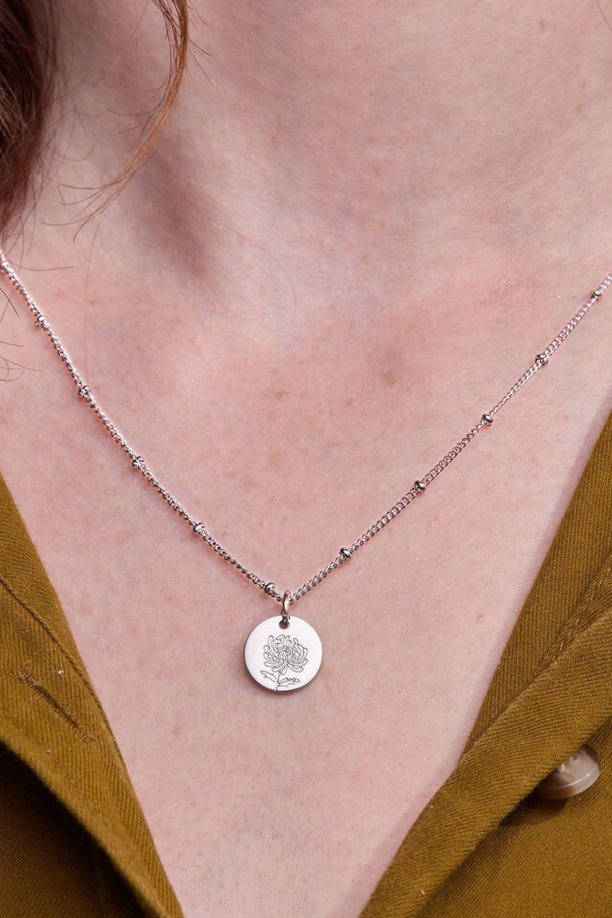 November Chrysanthemum Silver Birthflower Necklace