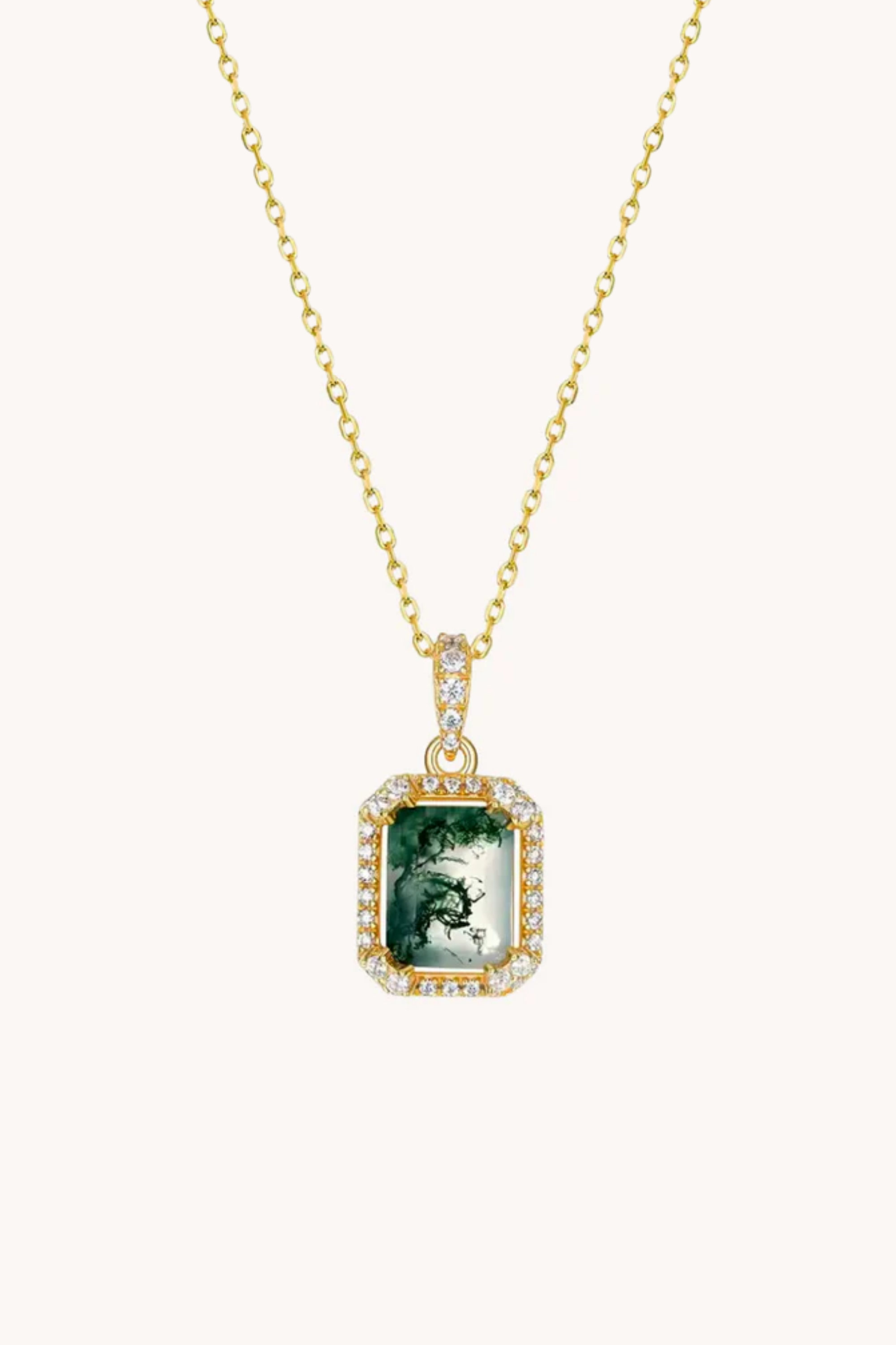 Square Green Moss Agate Gold Pendant With Chain