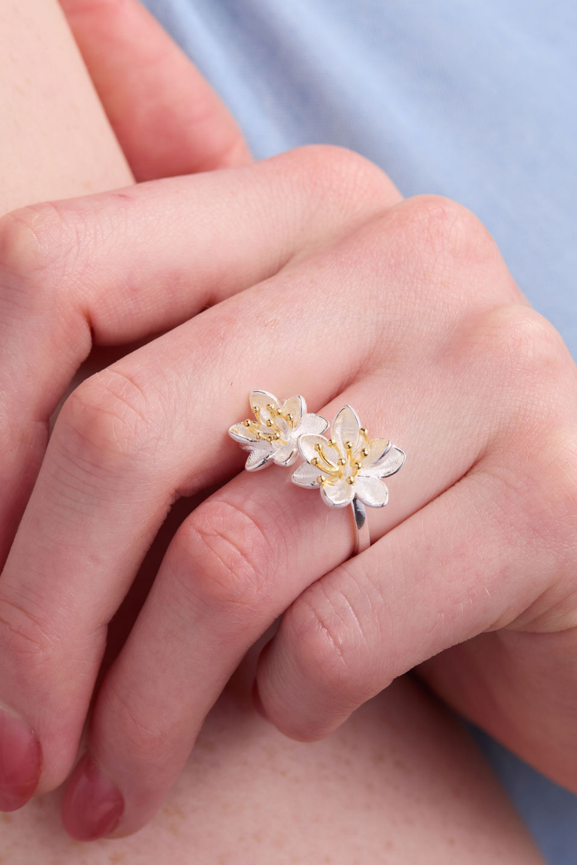 Twin Lotus Silver Adjustable Ring