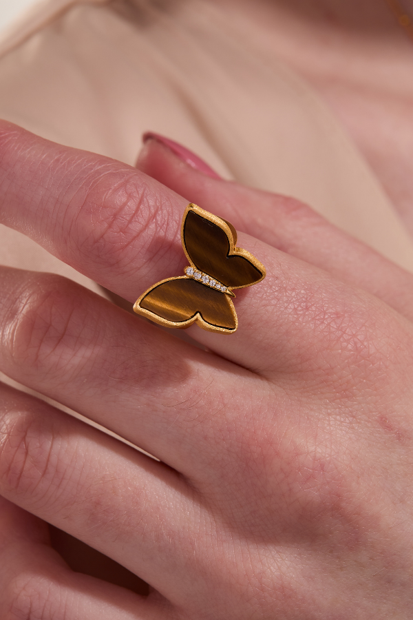 Butterfly Tiger Of Eye Gold Adjustable Ring