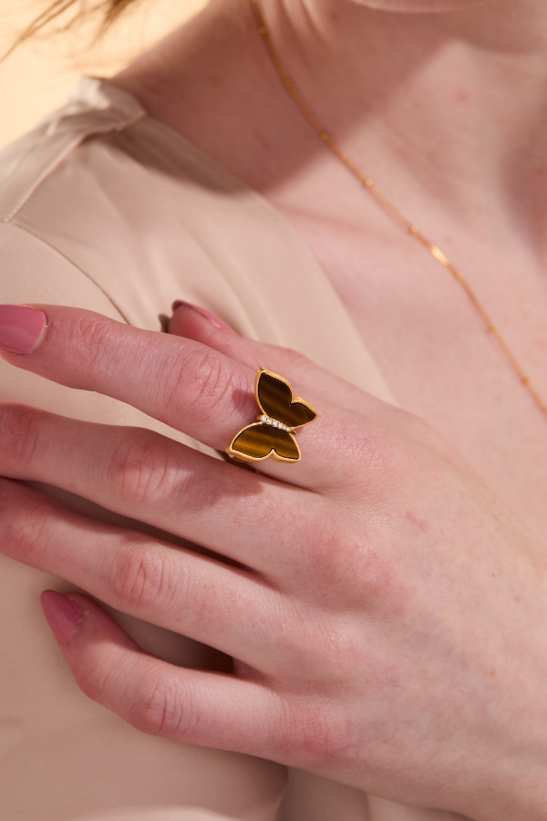 Butterfly Tiger Of Eye Gold Adjustable Ring