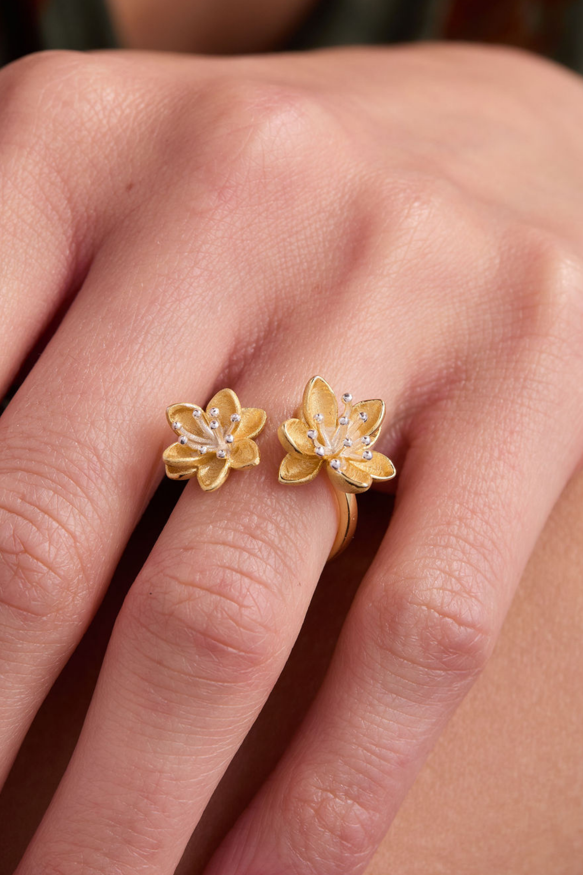Twin Lotus Gold Adjustable Ring