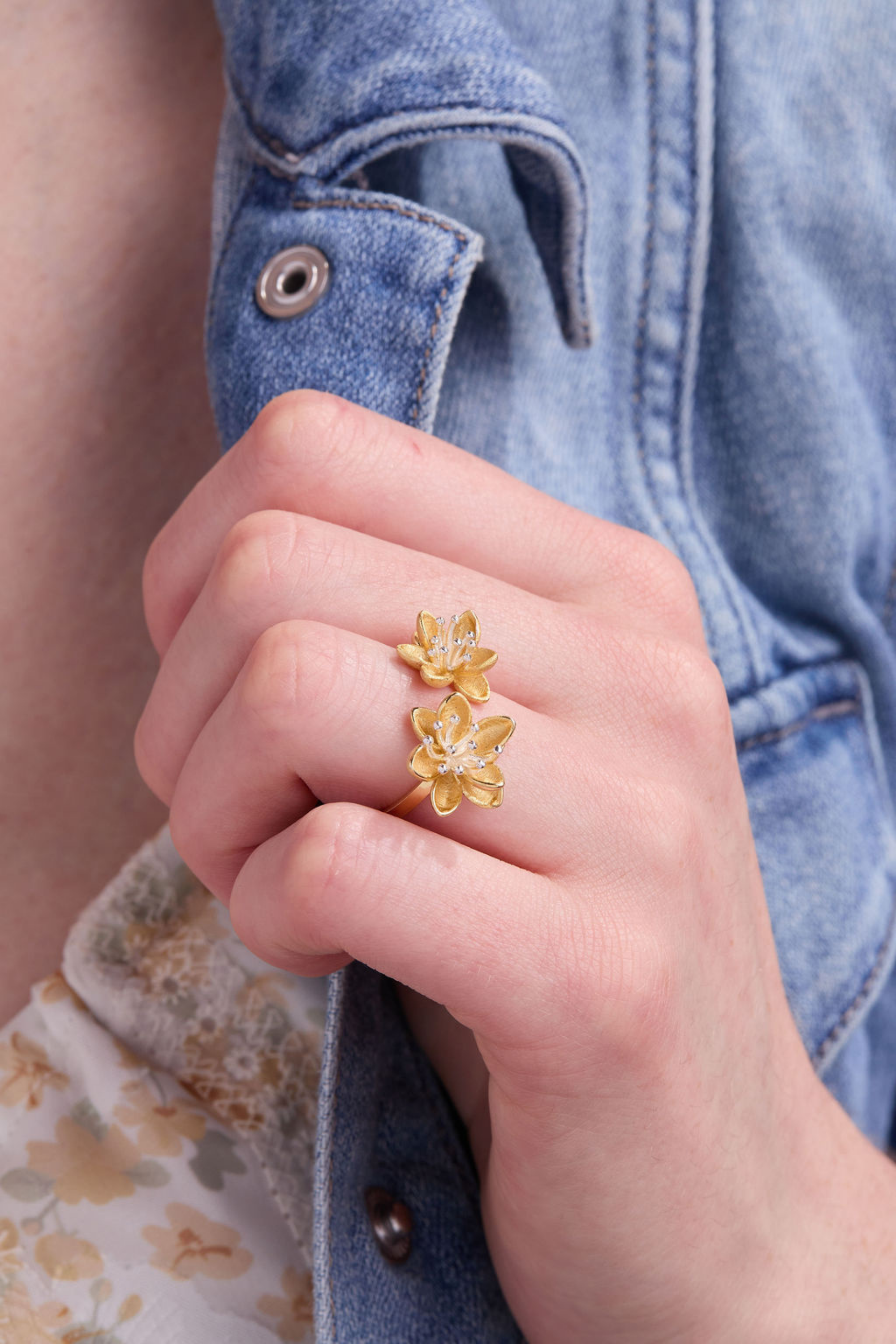 Twin Lotus Gold Adjustable Ring