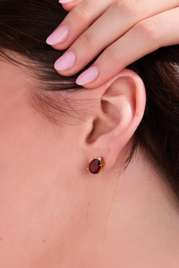 Garnet Oval Gold Studs