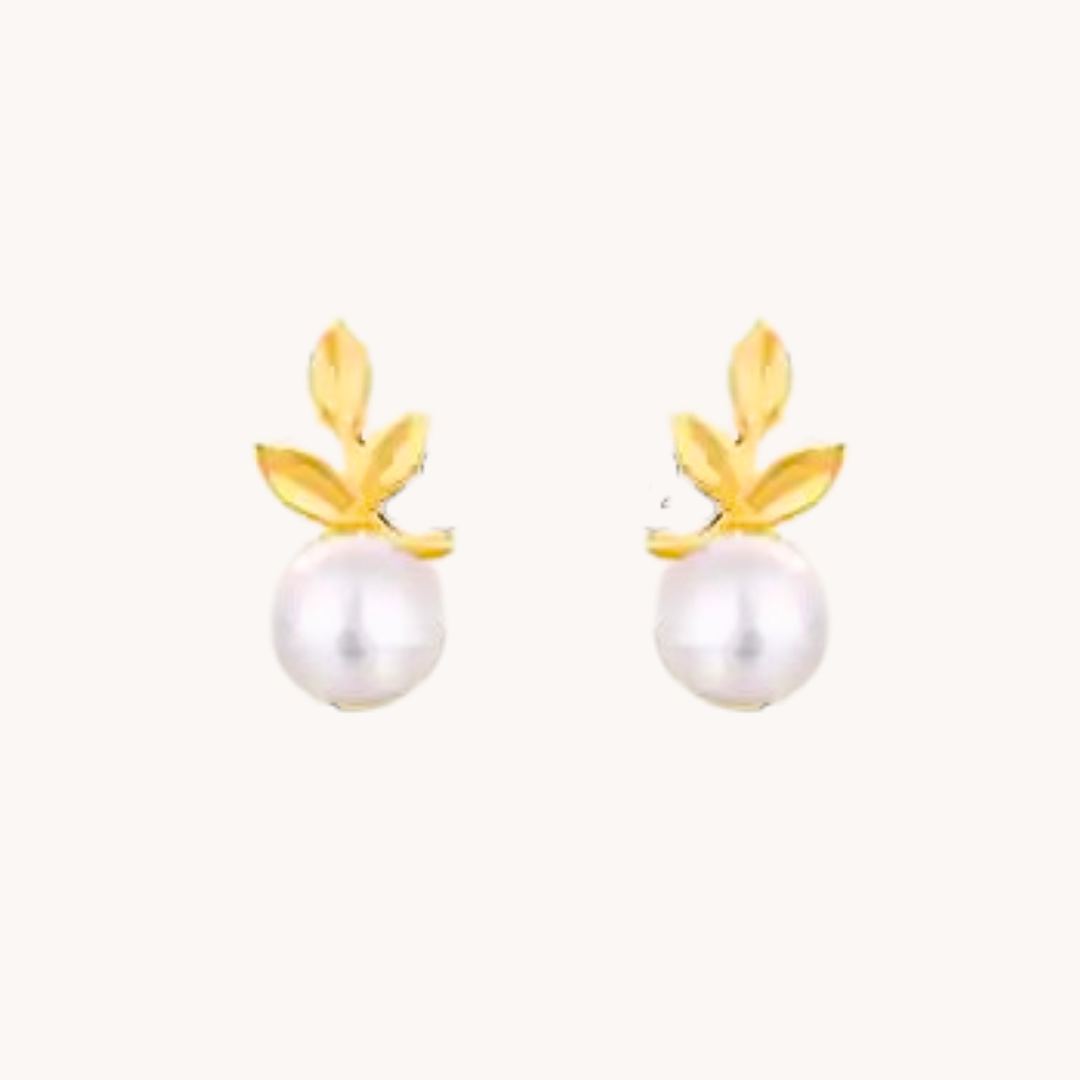 Olive with pearl leaves 14K Gold Stud Earrings W.