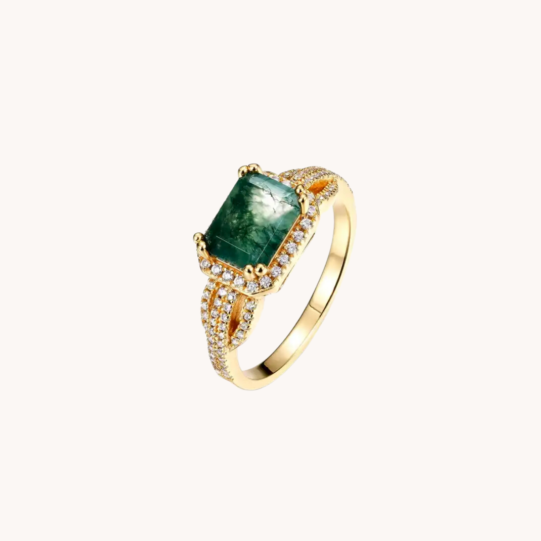Green Moss Agate Square Gold Adjustable Ring