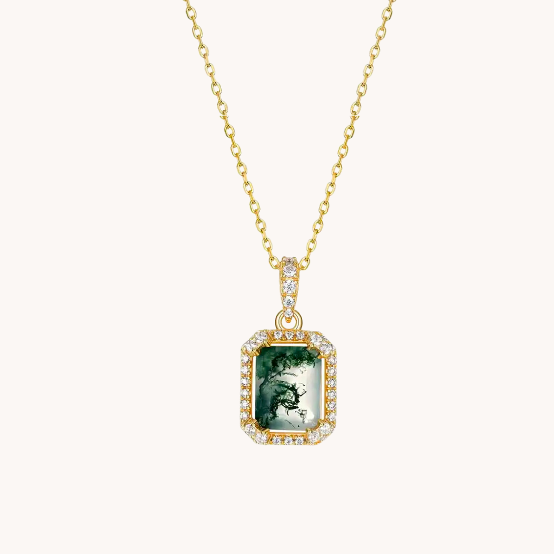Square Green Moss Agate Gold Pendant with chain
