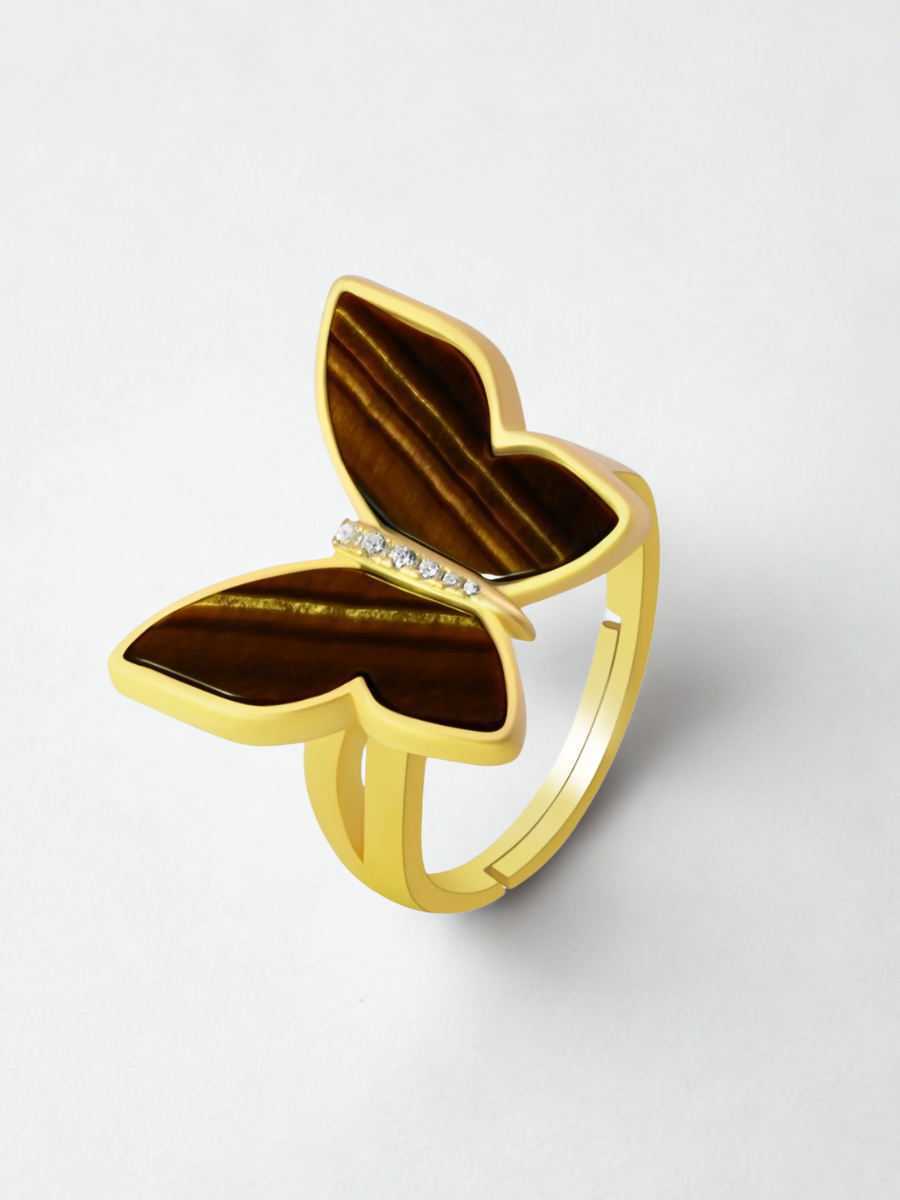 Butterfly Tiger Of Eye Gold Adjustable Ring