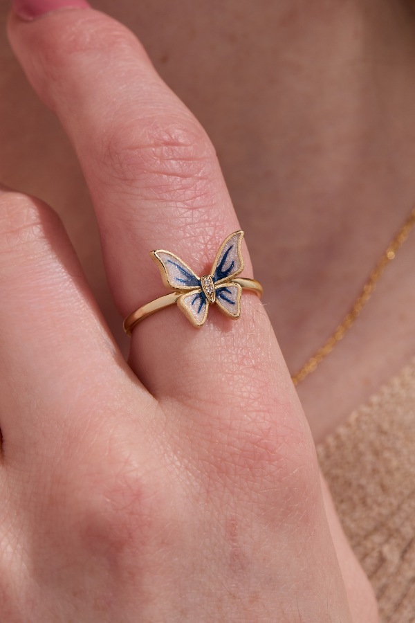 Butterfly Blue Enamel Gold Adjustable Ring