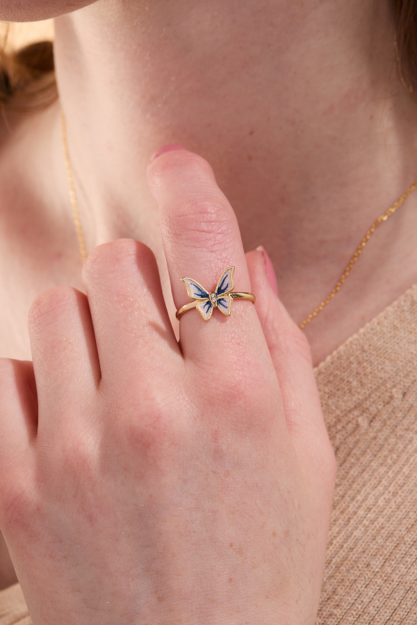 Butterfly Blue Enamel Gold Adjustable Ring