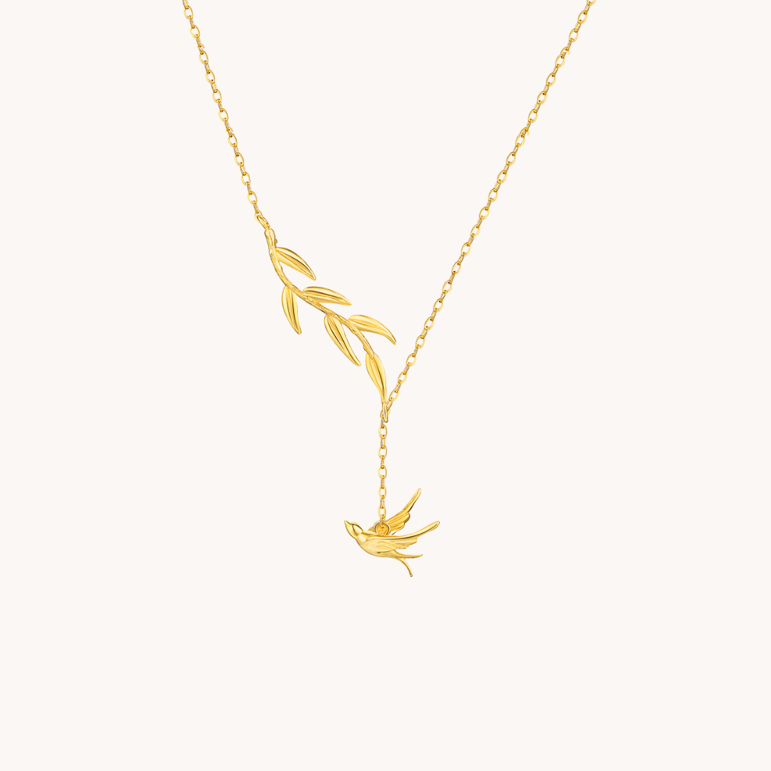 Bird And Leaves Gold Necklace