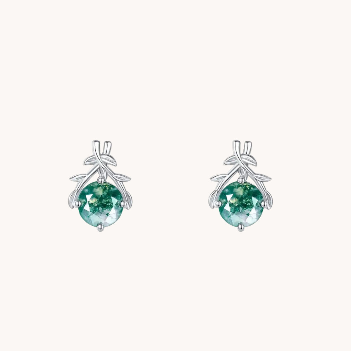 Green Moss and Leaves Platinum Stud Earrings