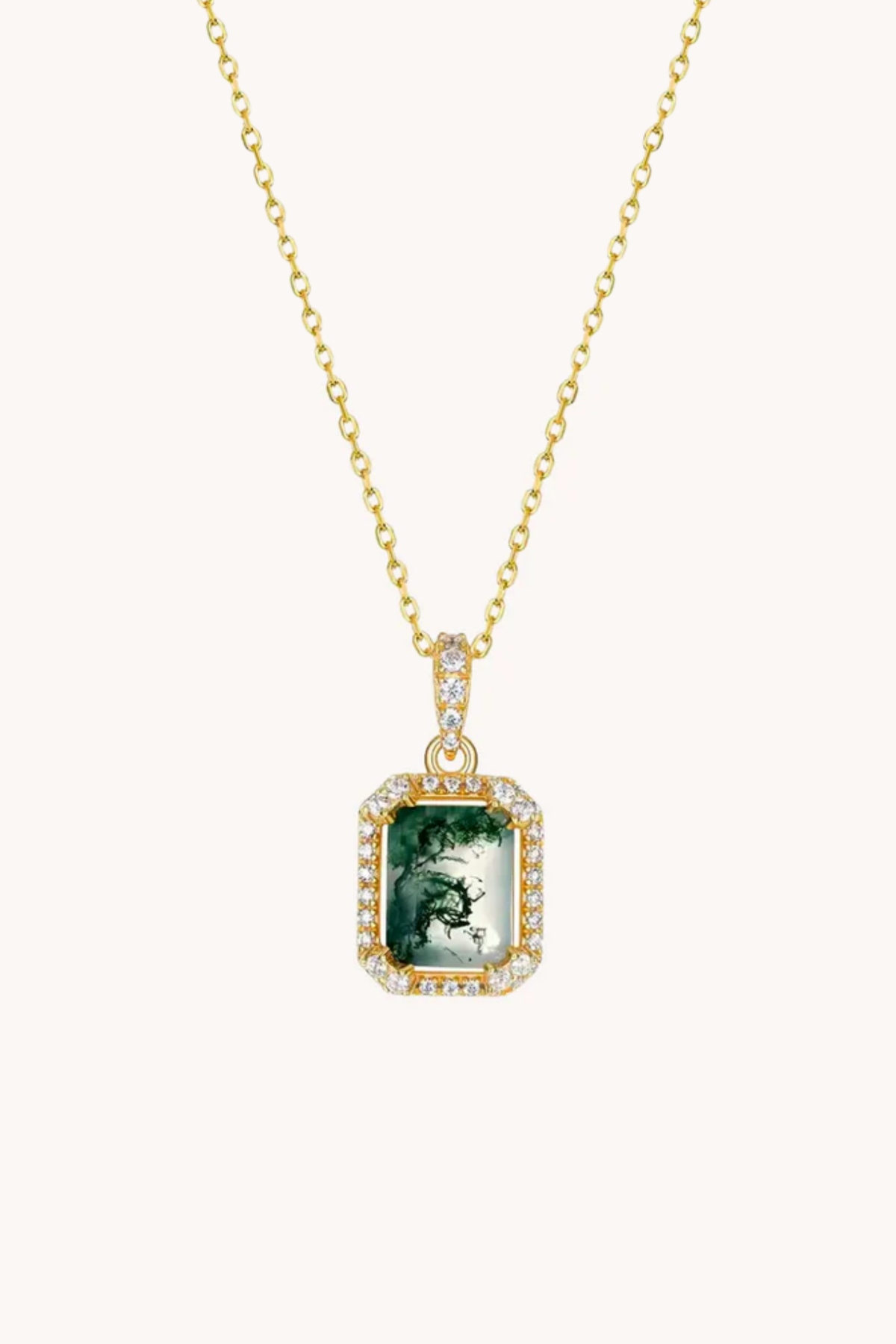 Square Green Moss Agate Gold Pendant with chain