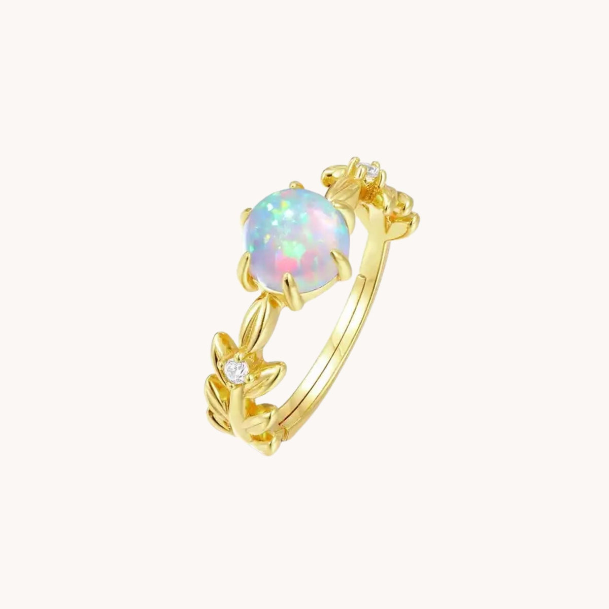 Opal and Leaves Gold Adjustable Ring