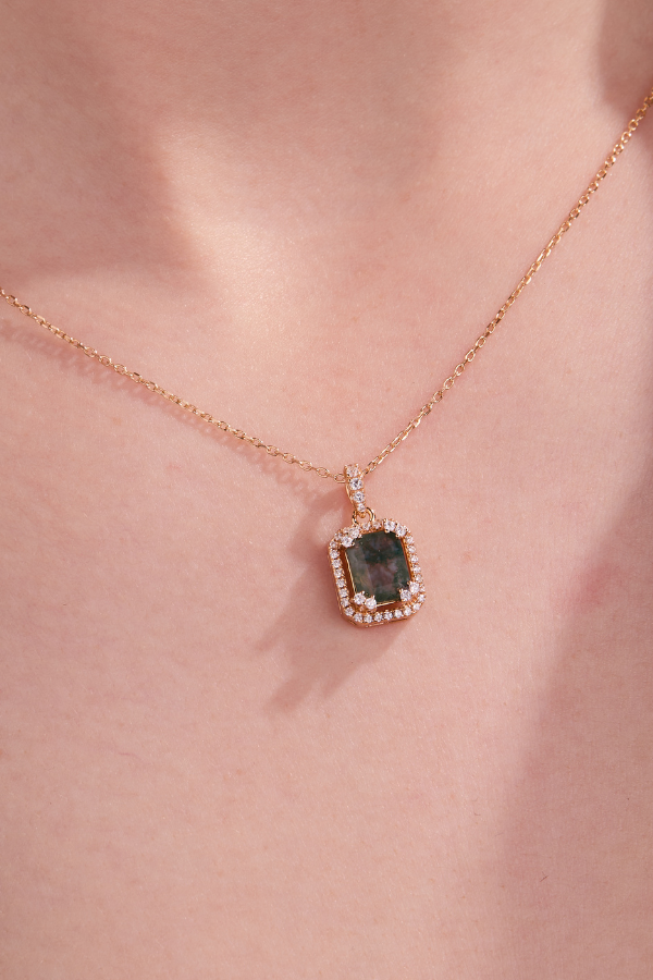 Square Green Moss Agate Gold Pendant with chain