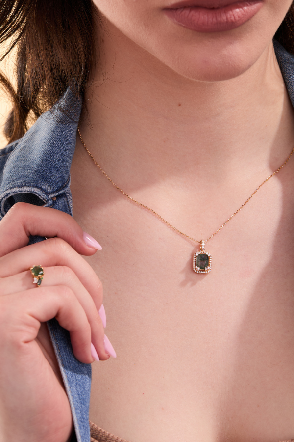 Square Green Moss Agate Gold Pendant with chain