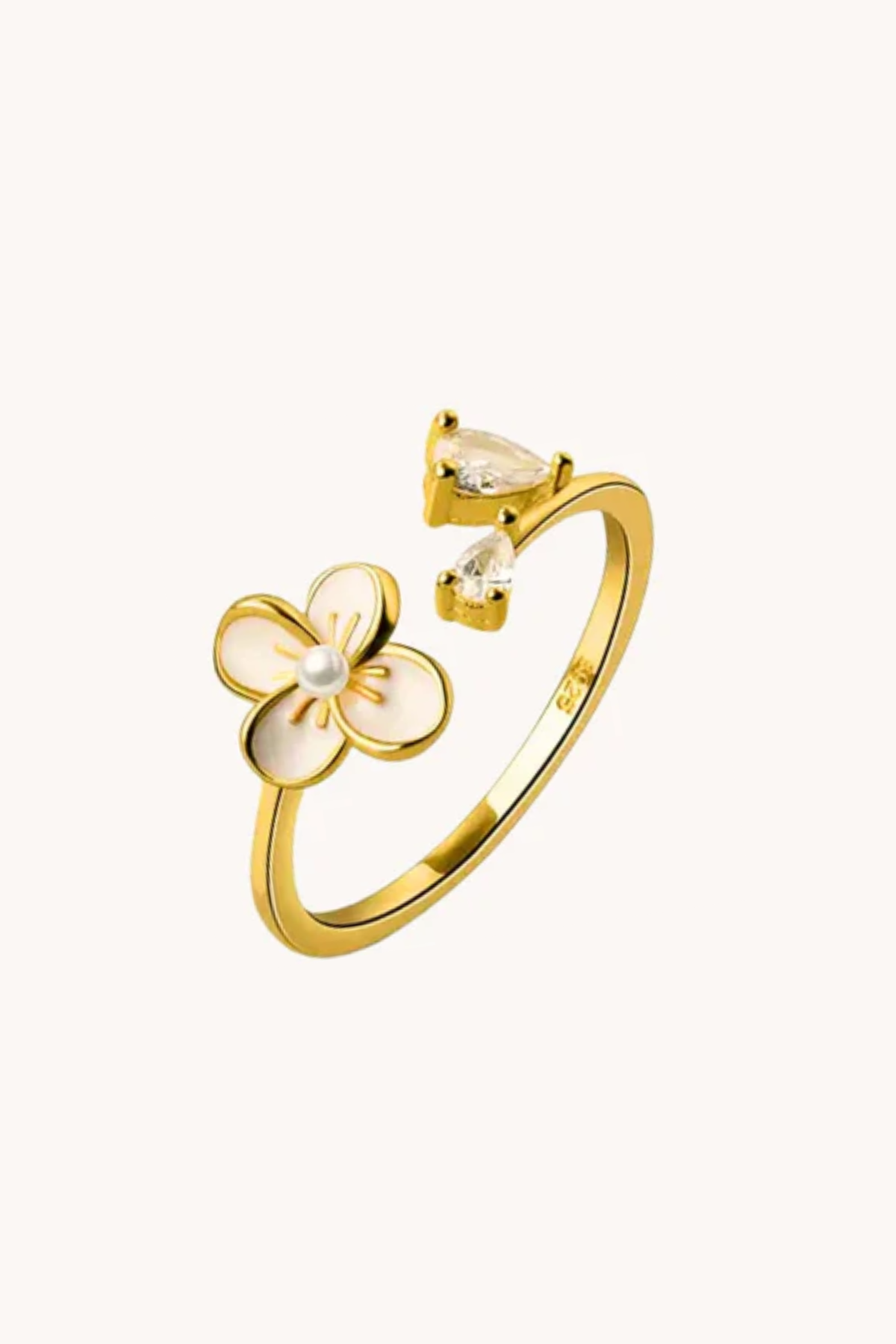 White Cherry Blossom Gold Adjustable Ring