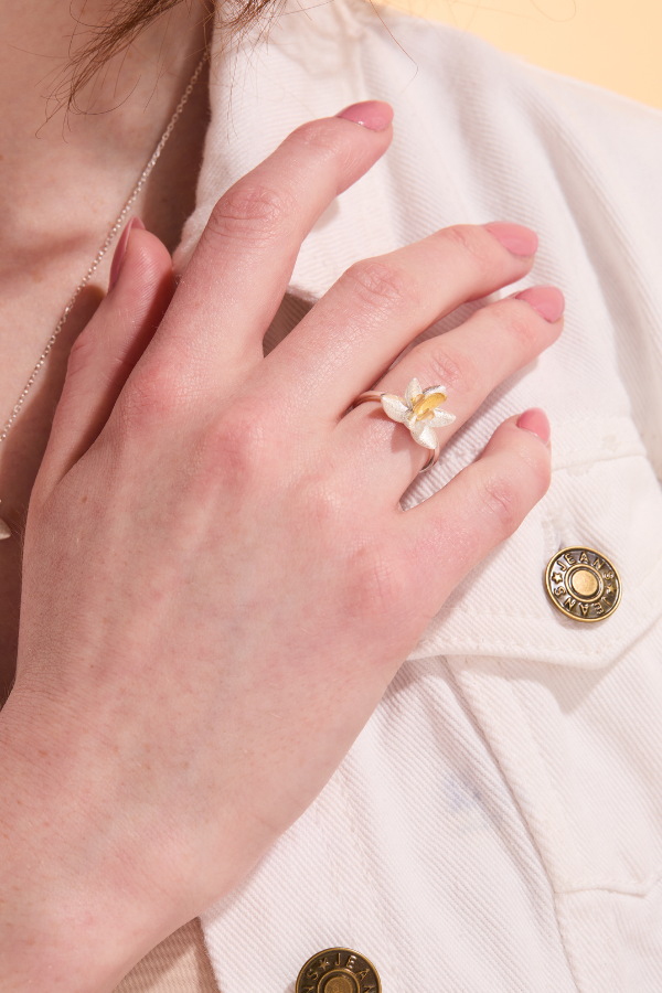 Lotus Blossom Silver Adjustable Ring