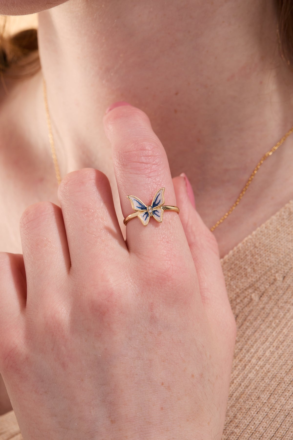 Butterfly Blue Enamel Gold Adjustable Ring