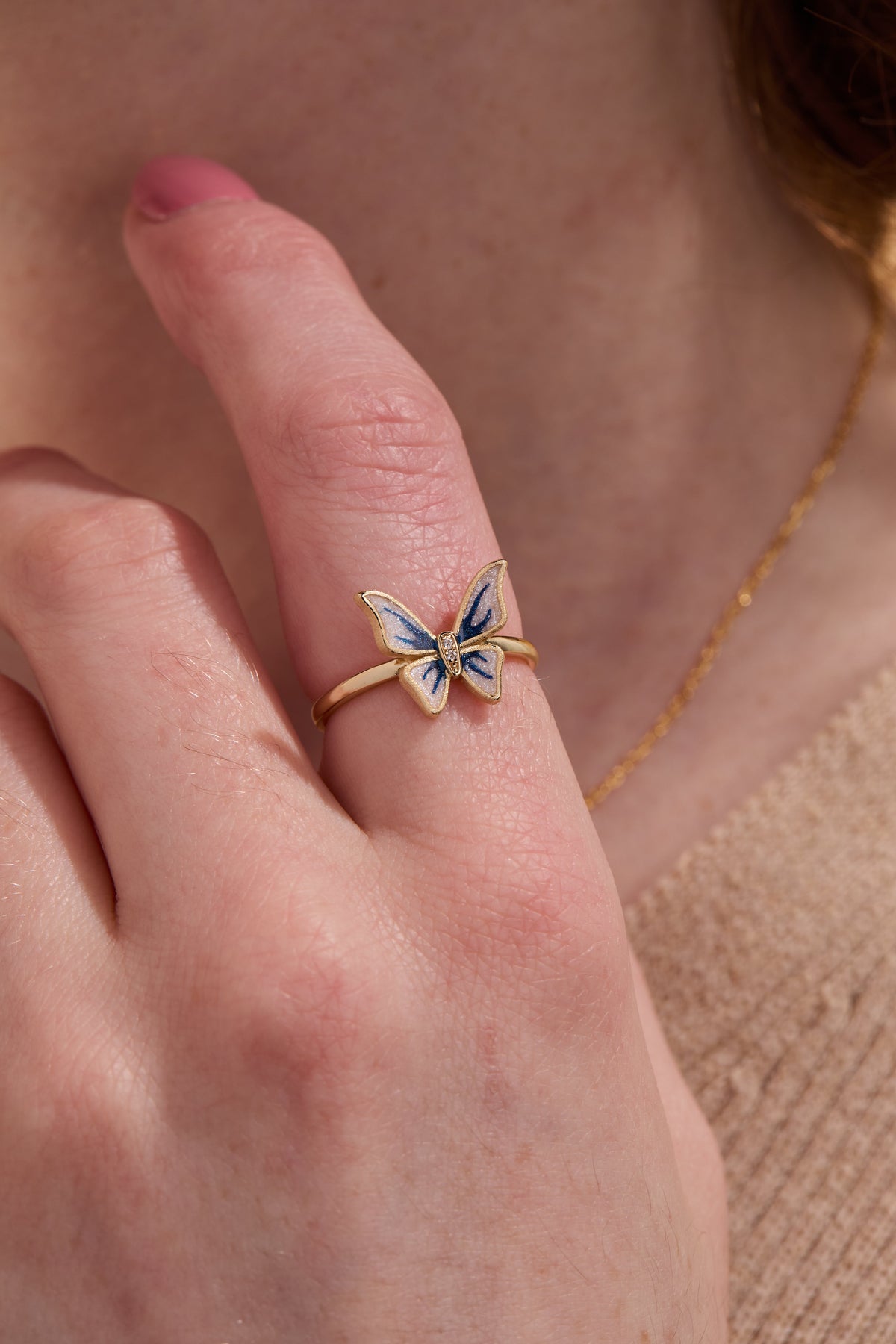 Butterfly Blue Enamel Gold Adjustable Ring