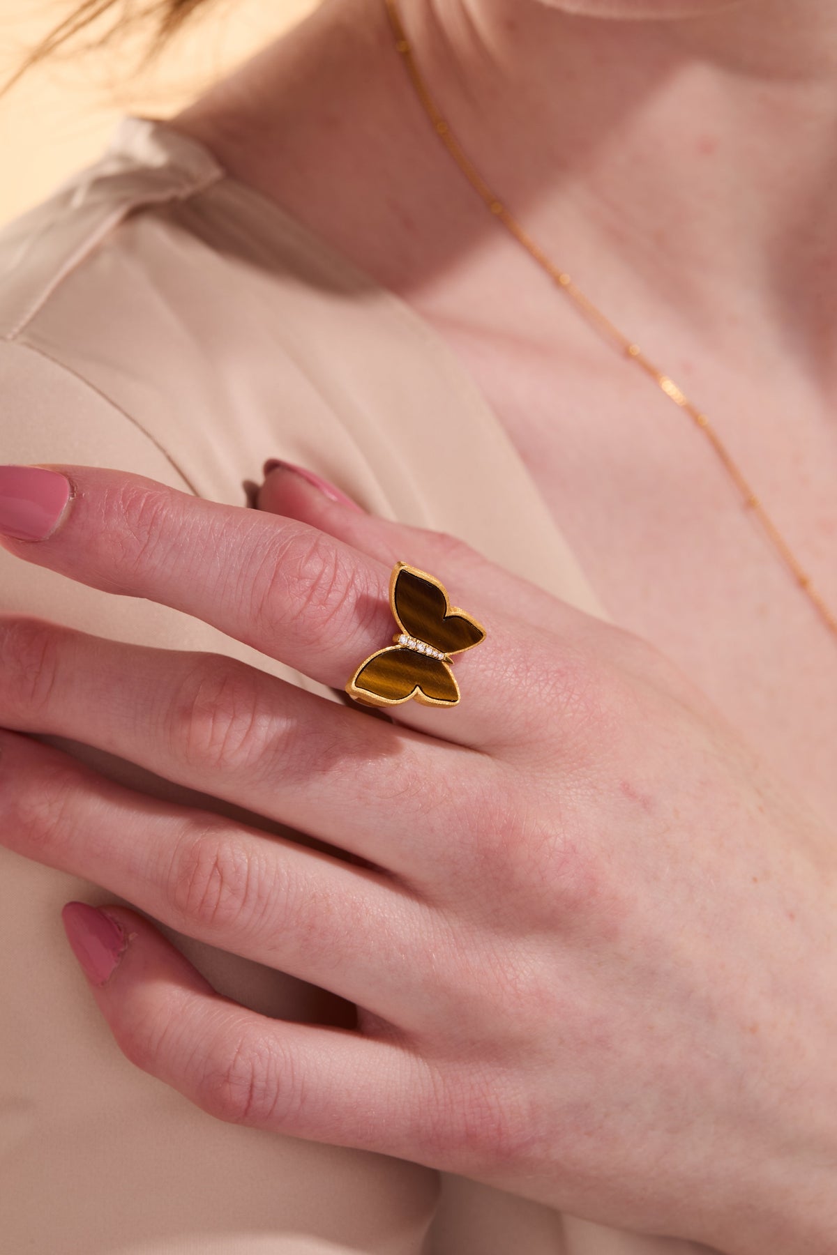 Butterfly Tiger Of Eye Gold Adjustable Ring