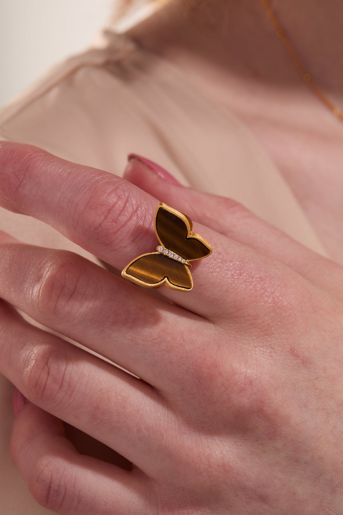 Butterfly Tiger Of Eye Gold Adjustable Ring