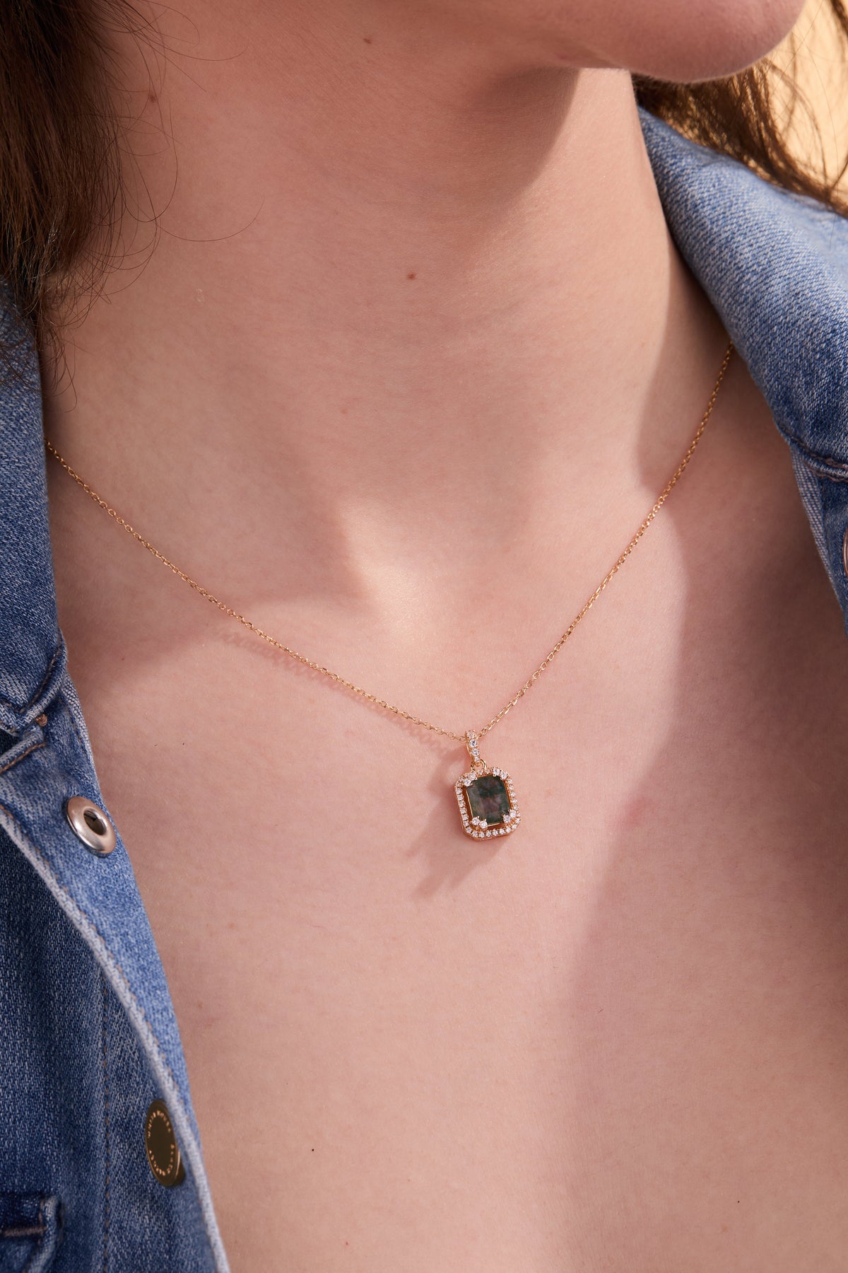 Square Green Moss Agate Gold Pendant with chain