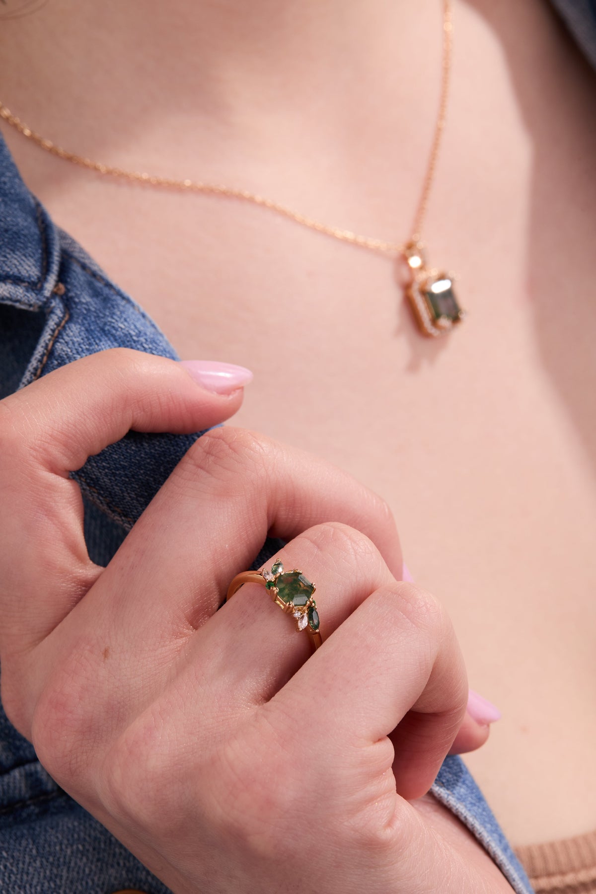 Green Moss Succulent Gold Adjustable Ring