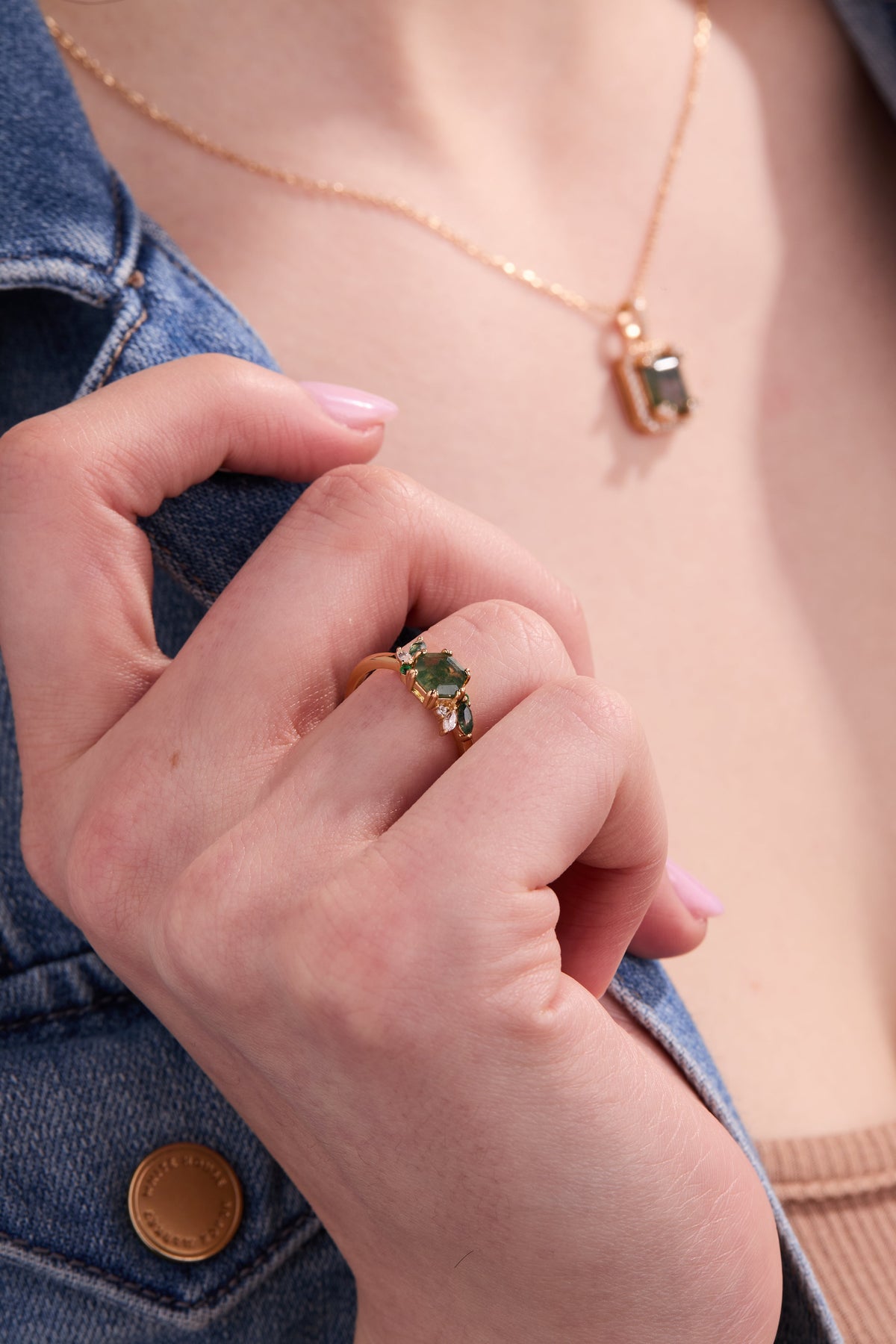 Green Moss Succulent Gold Adjustable Ring