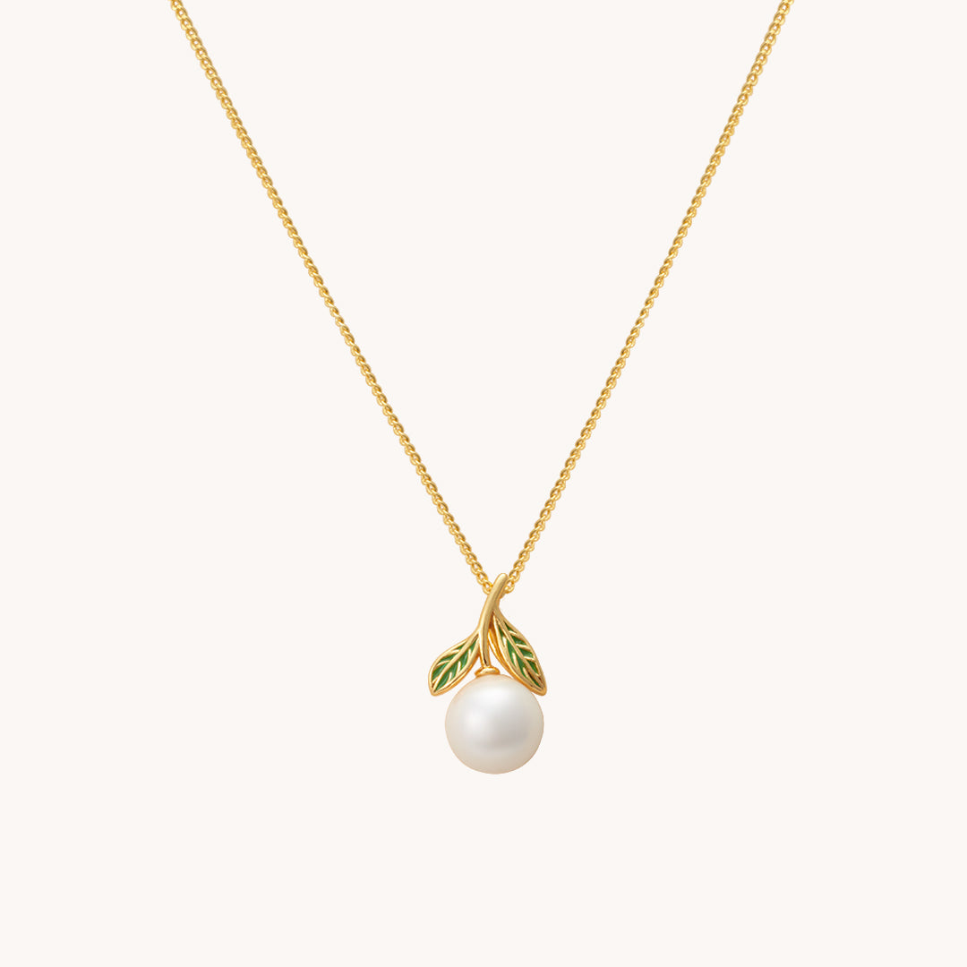 Pearl in Olive leaves wreath Gold Pendant with chain