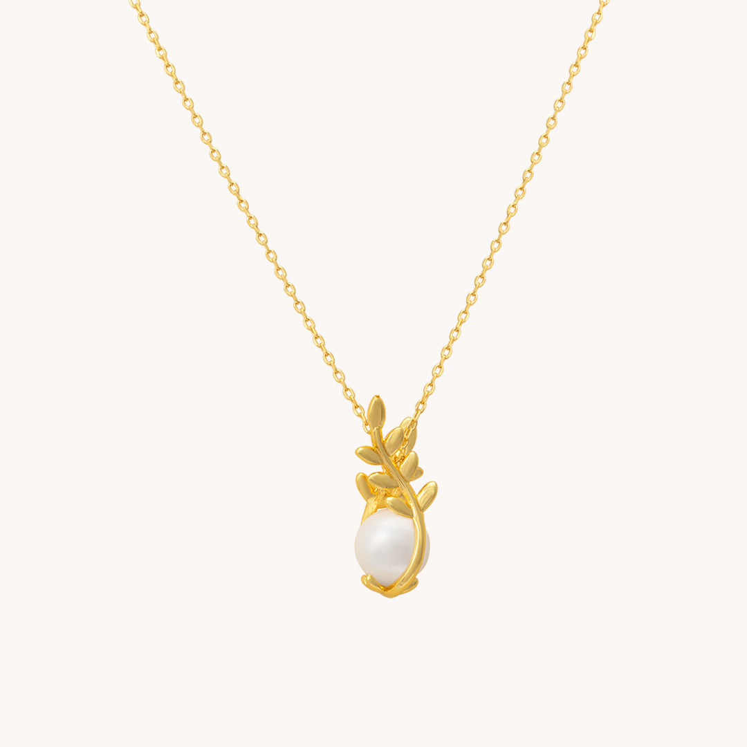 Pearl with olive leaves Gold Pendant with chain