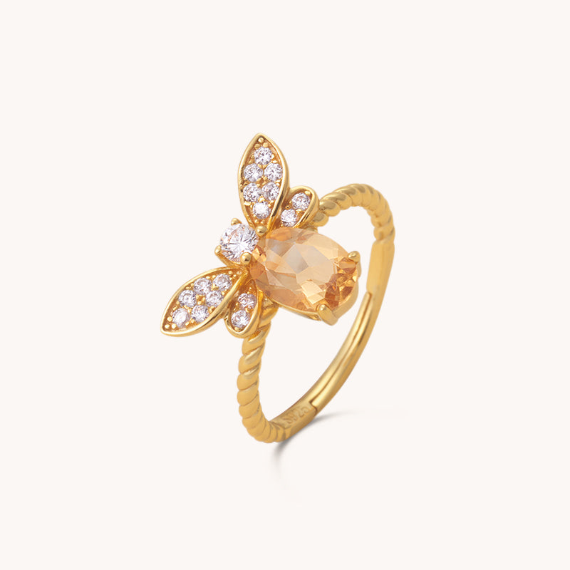 Honeybee Citrine Crystal Adjustable Gold Ring