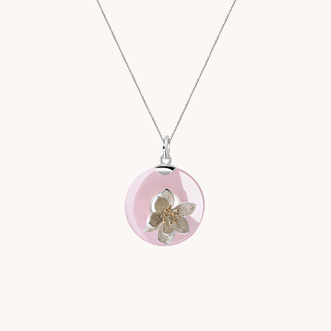 Water Lily On Rose Quartz Pad Pendant With Chain
