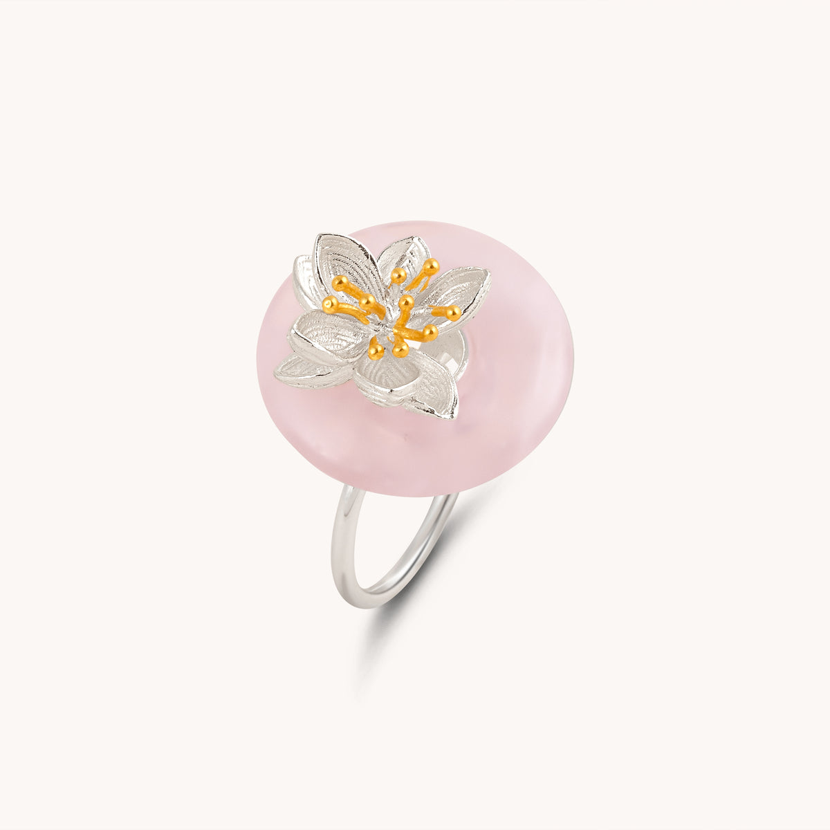 Water Lily On Rose Quartz Pad Adjustable Ring