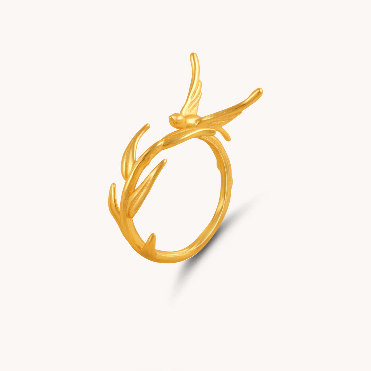 Bird And Leaves Gold Adjustable Ring