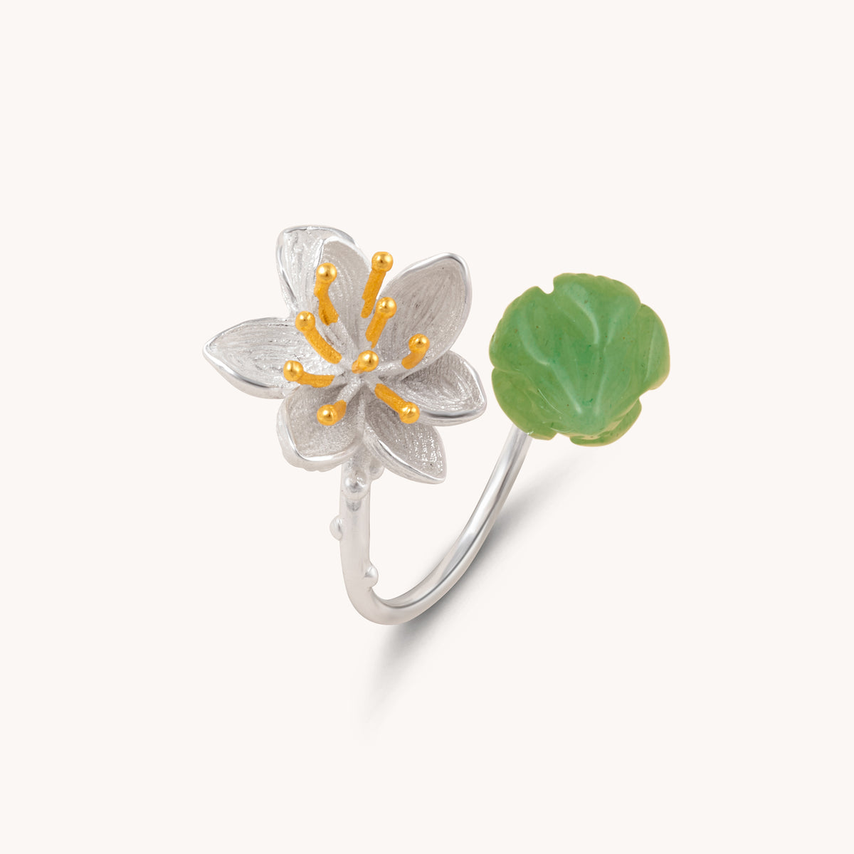 Lotus With Jade Bud Adjustable Ring