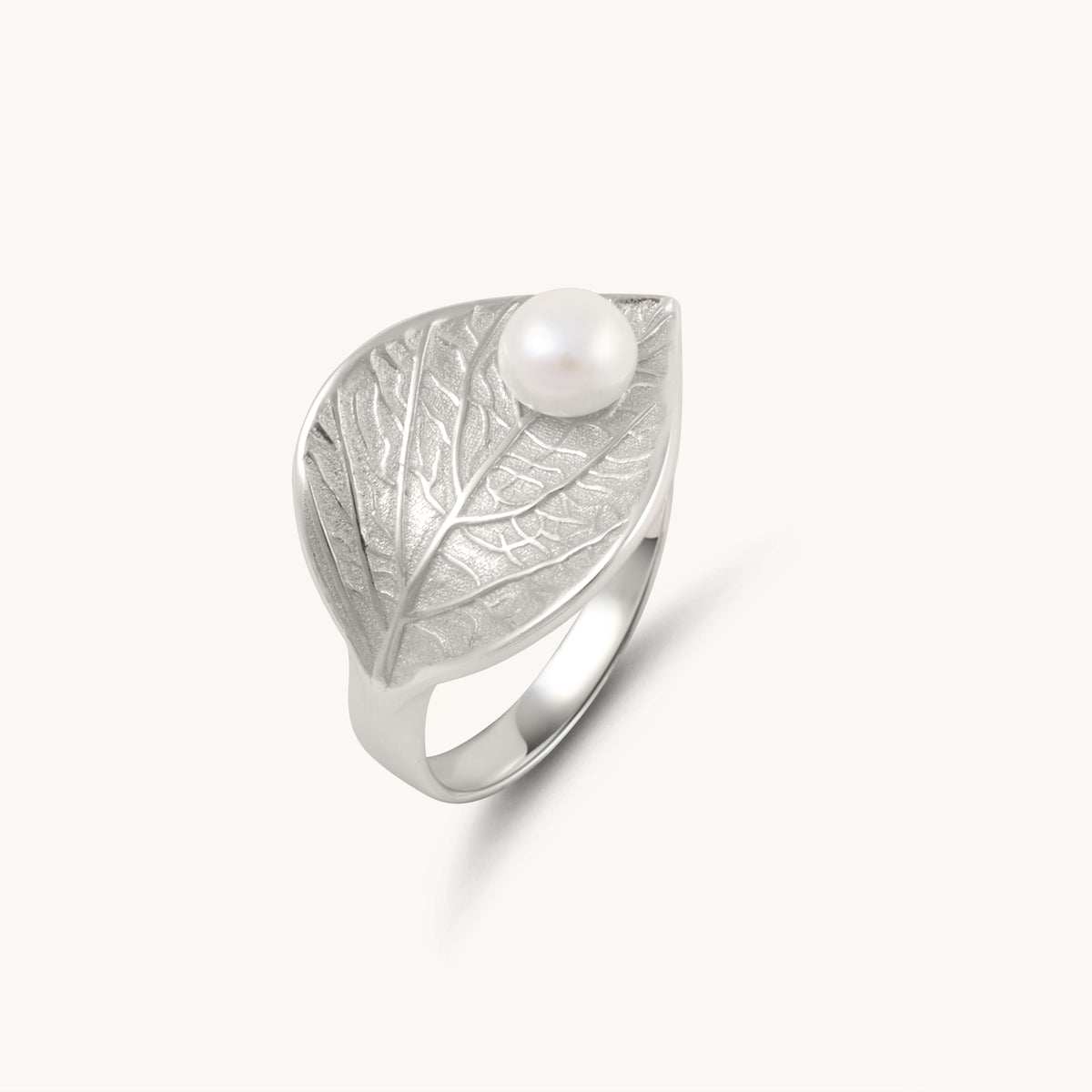 Pearl On Leaf Silver Adjustable Ring