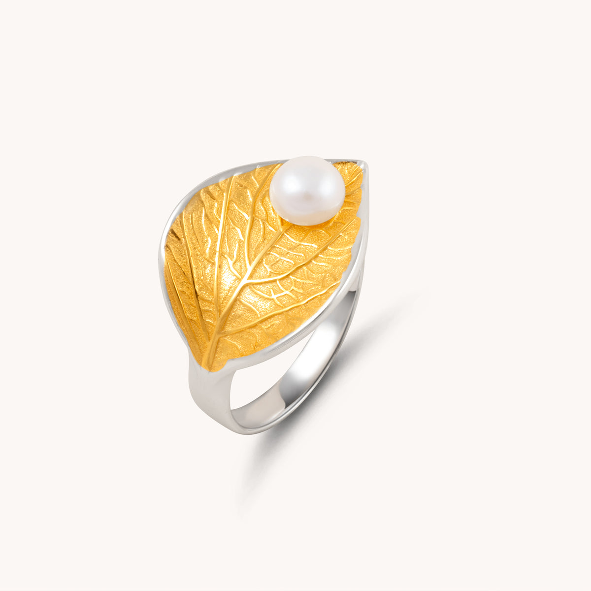 Pearl On Leaf Gold Adjustable Ring